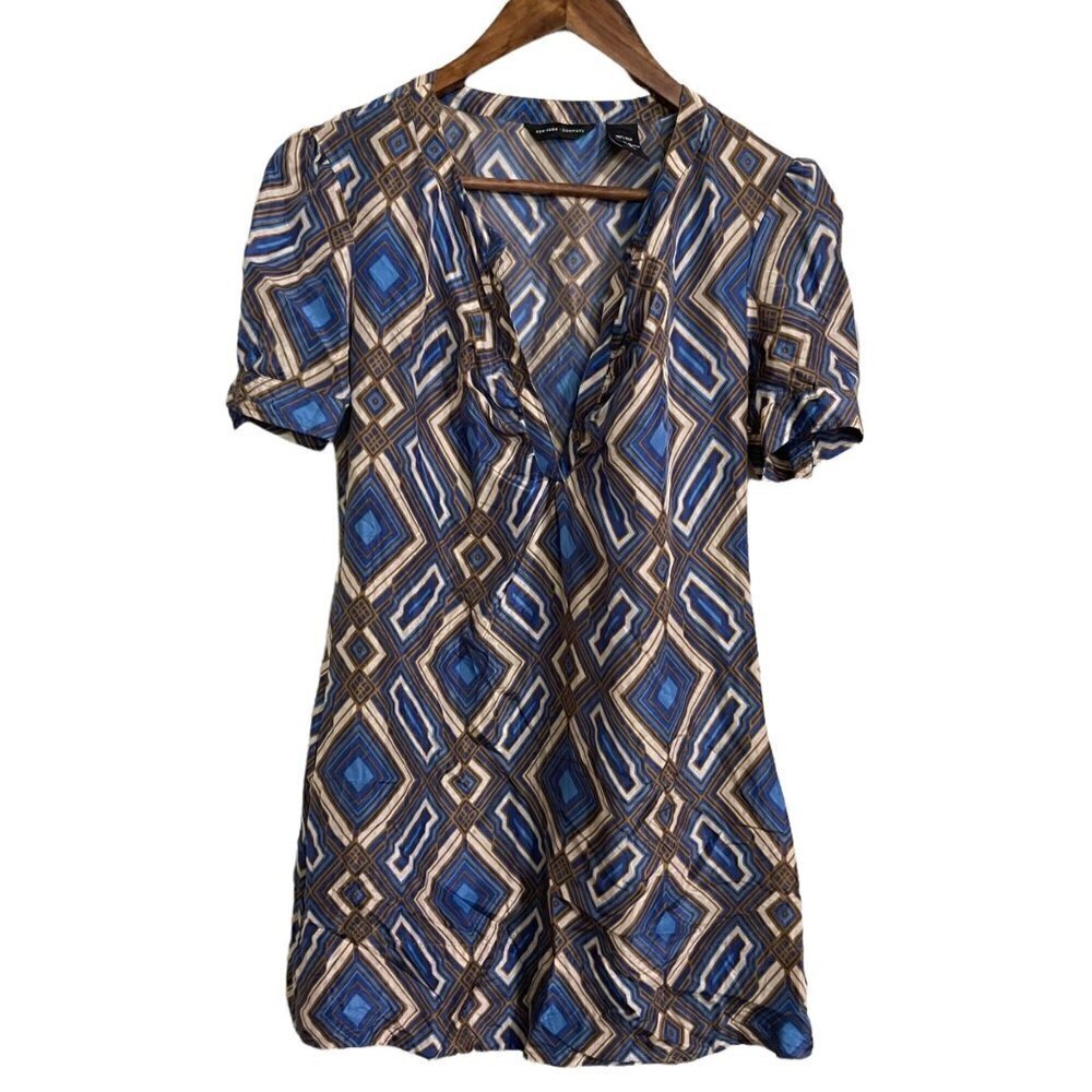 New York & Company Womens Blue Brown Y2K Geometric 100% Silk Tunic Blouse XS